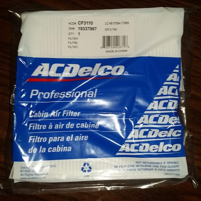 The ACDelco Cabin Air Filter still in the package. 