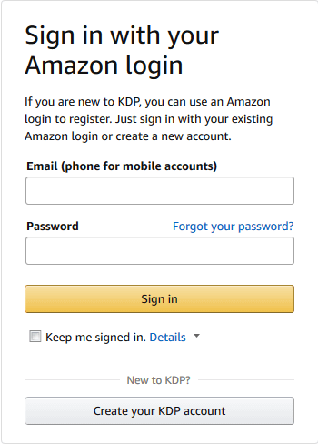 Logging into the KDP website using an Amazon login.