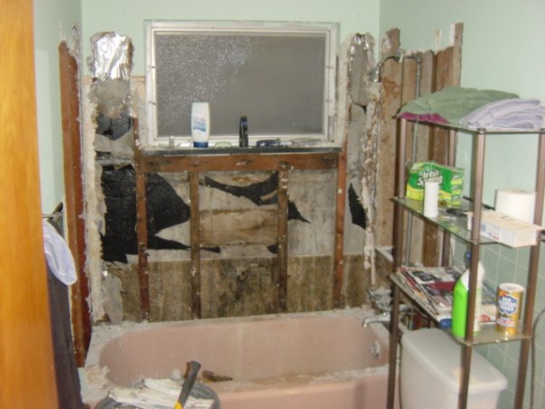 Partway into the demolition of the old bathroom.