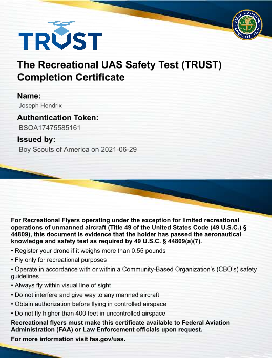 My FAA TRUST certificate.