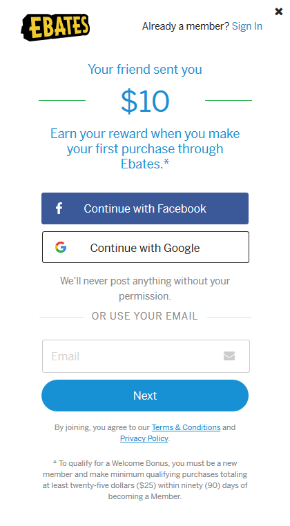 Ebates Signup Screenshot