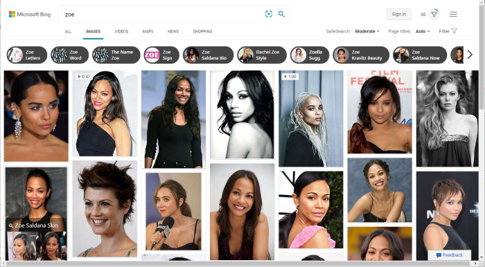 Bing image search for "Zoe"