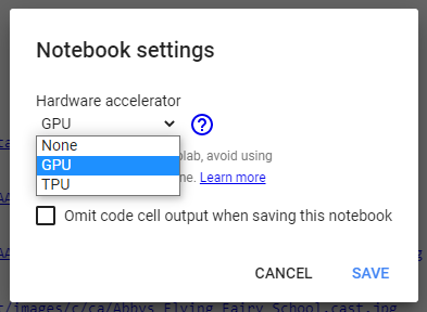 Google Colab runtime types dialog