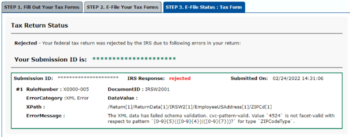 Free File Fillable Forms Federal Tax Return XML Error X0000-005