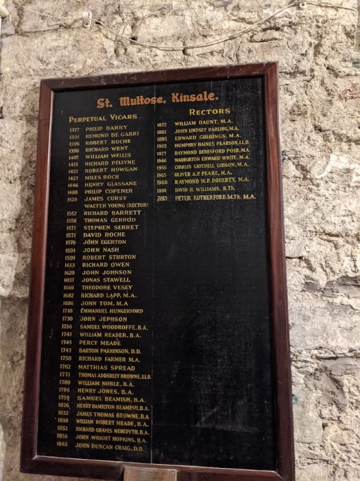 The list of priests serving at St. Multose goes from 1377 to present day.