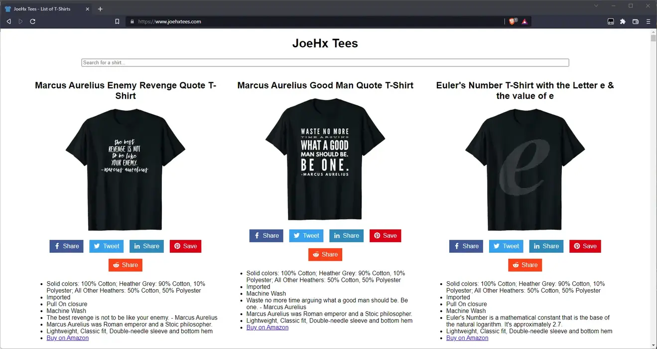 The homepage for JoeHx Tees.