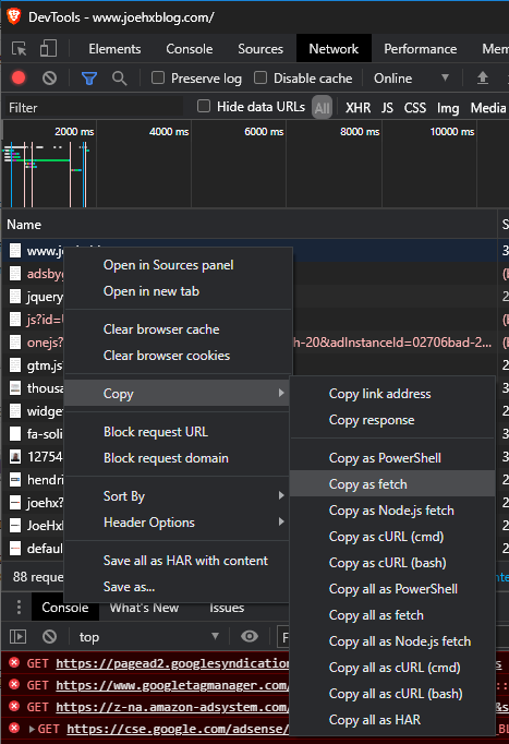 The right-click menu in the Network tab of Chrome DevTools