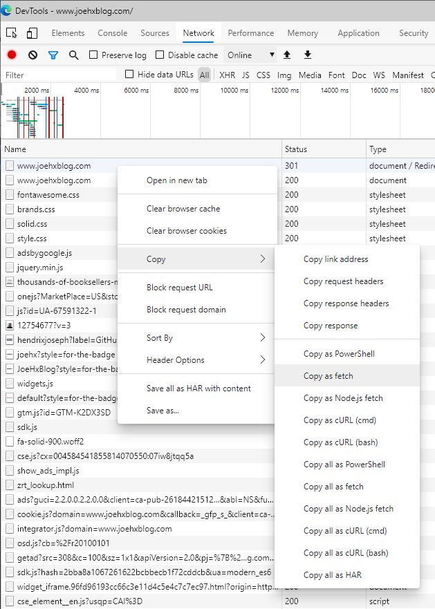 The right-click menu in the Network tab of Edge DevTools