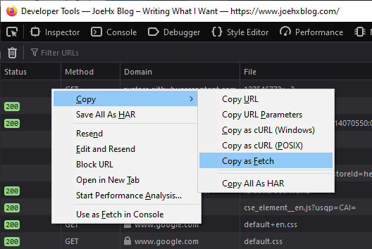 The right-click menu in the Network tab of Firefox Developer Tools