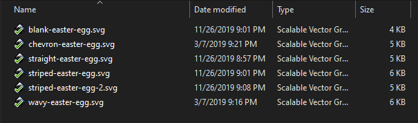A list of six Easter egg SVG files in Windows Explorer with no thumbnail.