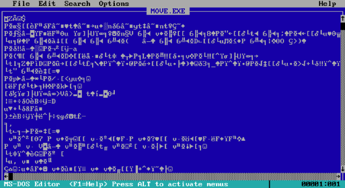 An EXE file open in the MS-DOS EDIT program.
