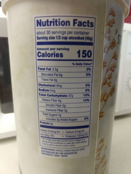 The nutrition label for whole grain oatmeal.