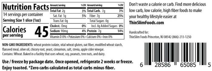 The nutrition label for zero net carb bread.
