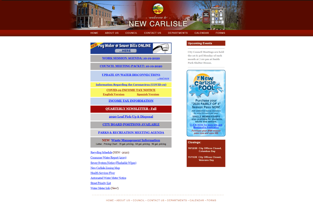 Screenshot of the old website, which you can see in the Wayback Machine at <https://web.archive.org/web/20201026002137/http://newcarlisle.net/>.