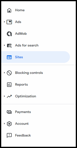 Selecting the sites section from the AdSense sidebar.