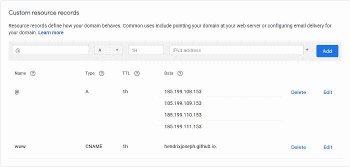 Google Domains Custom Resource Records for GitHub Pages