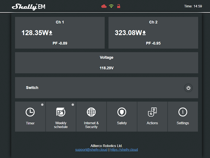 The Shelly EM web interface