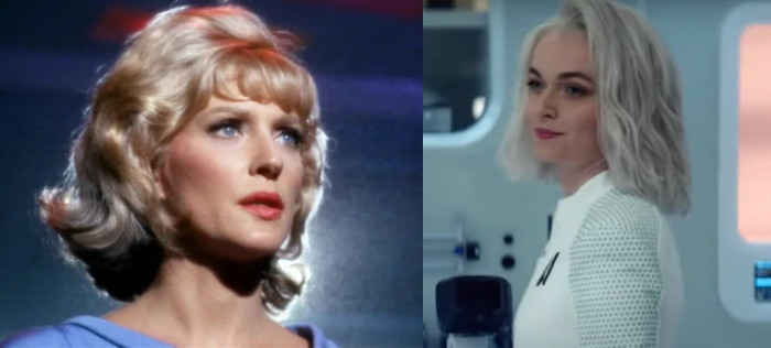 Left: Majel Barrett as Nurse Christine Chapel; Right: Jess Bush as Nurse Christine Chapel