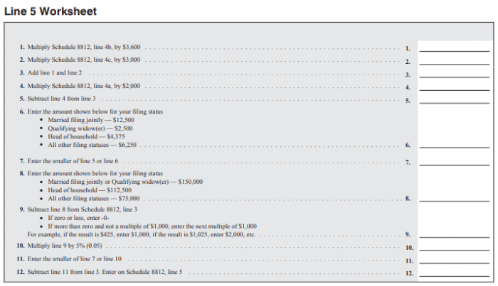 Line 5 worksheet from the 2021 Schedule 8812 Instructions