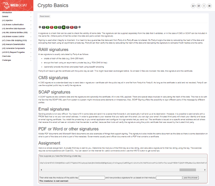 Screenshot of the Cryptographic Signatures Lesson in the Crypto Basics Section