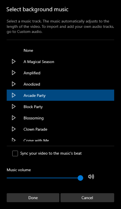 The Windows 10 Video Editor Background Music dialog.